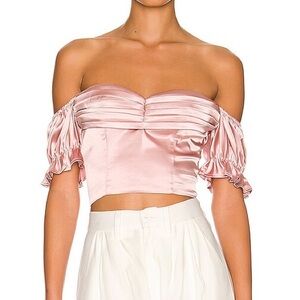 REVOLVE More to Come Viola Off-Shoulder Satin Top in Blush